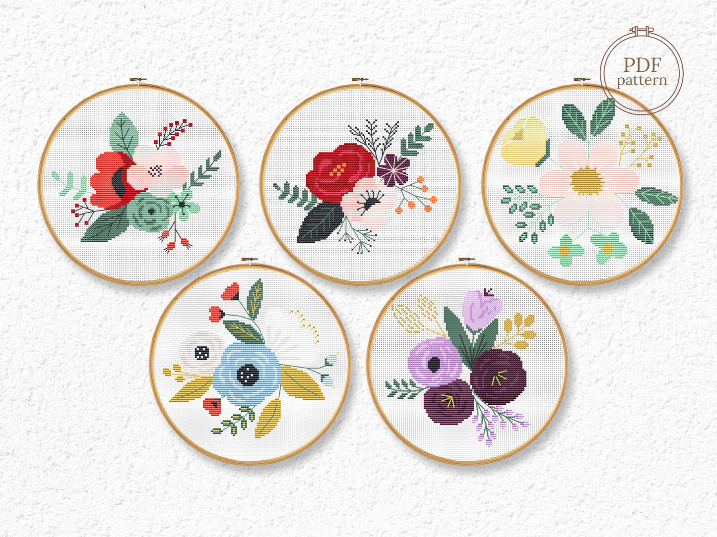 Set of 5 modern floral bouquet cross stitch patterns – PDF embroidery designs with colorful flower arrangements for home decor and gifts