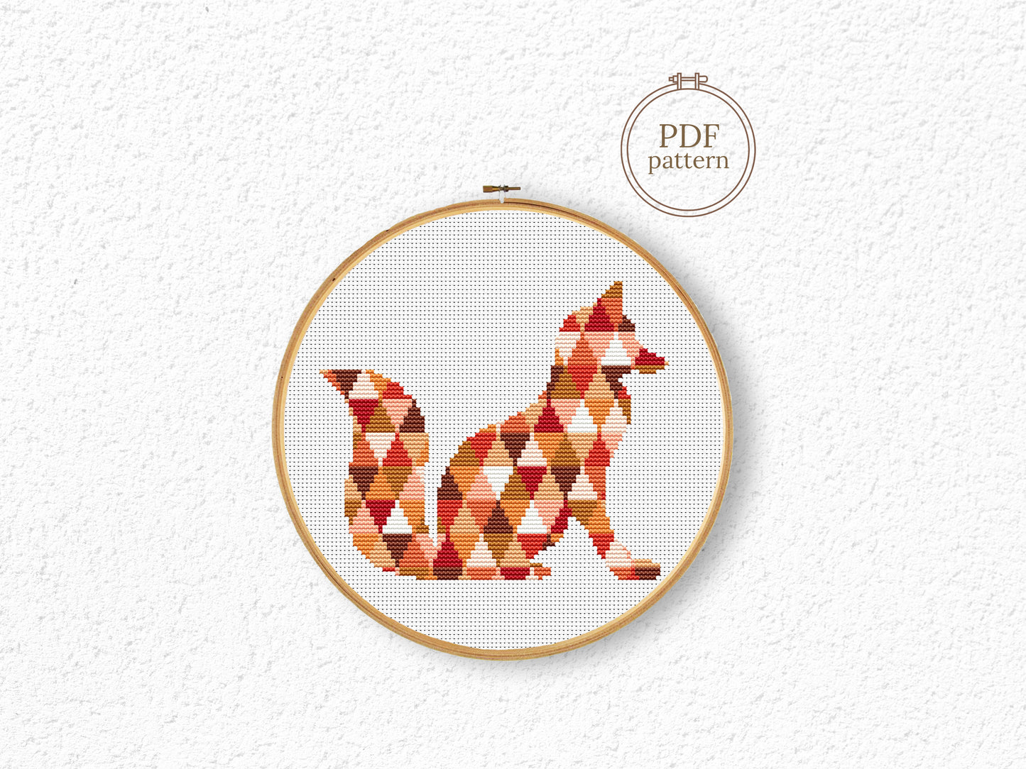 Geometric fox cross stitch pattern made of triangle shapes, modern minimalist PDF embroidery design