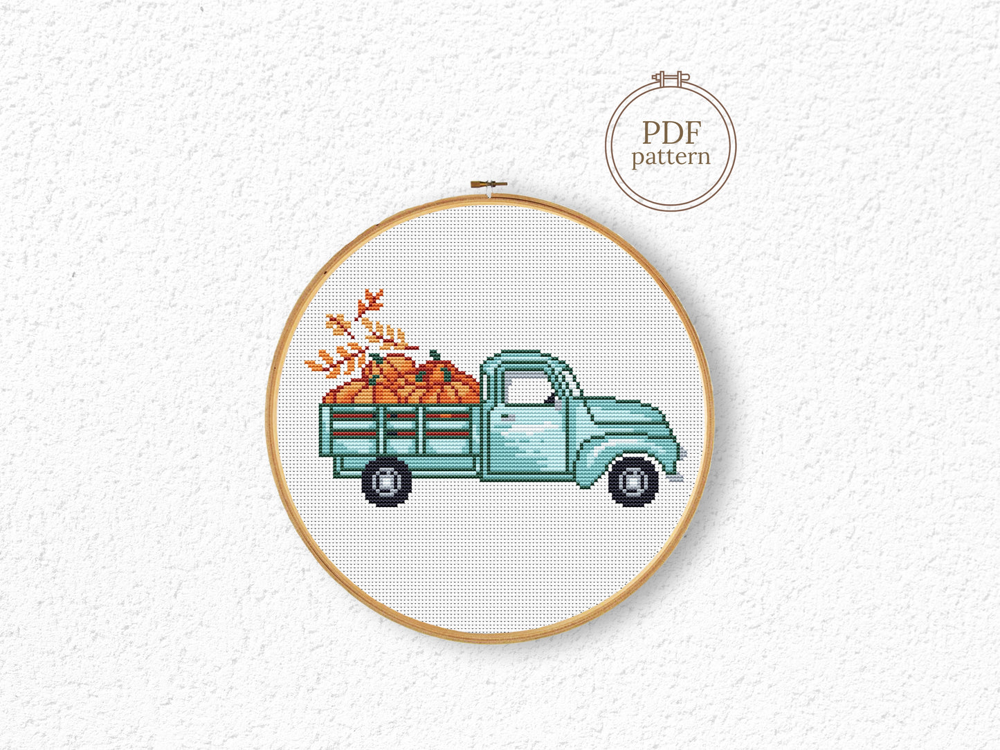 Autumn cross stitch pattern with vintage truck, pumpkins, and fall leaves – rustic PDF design