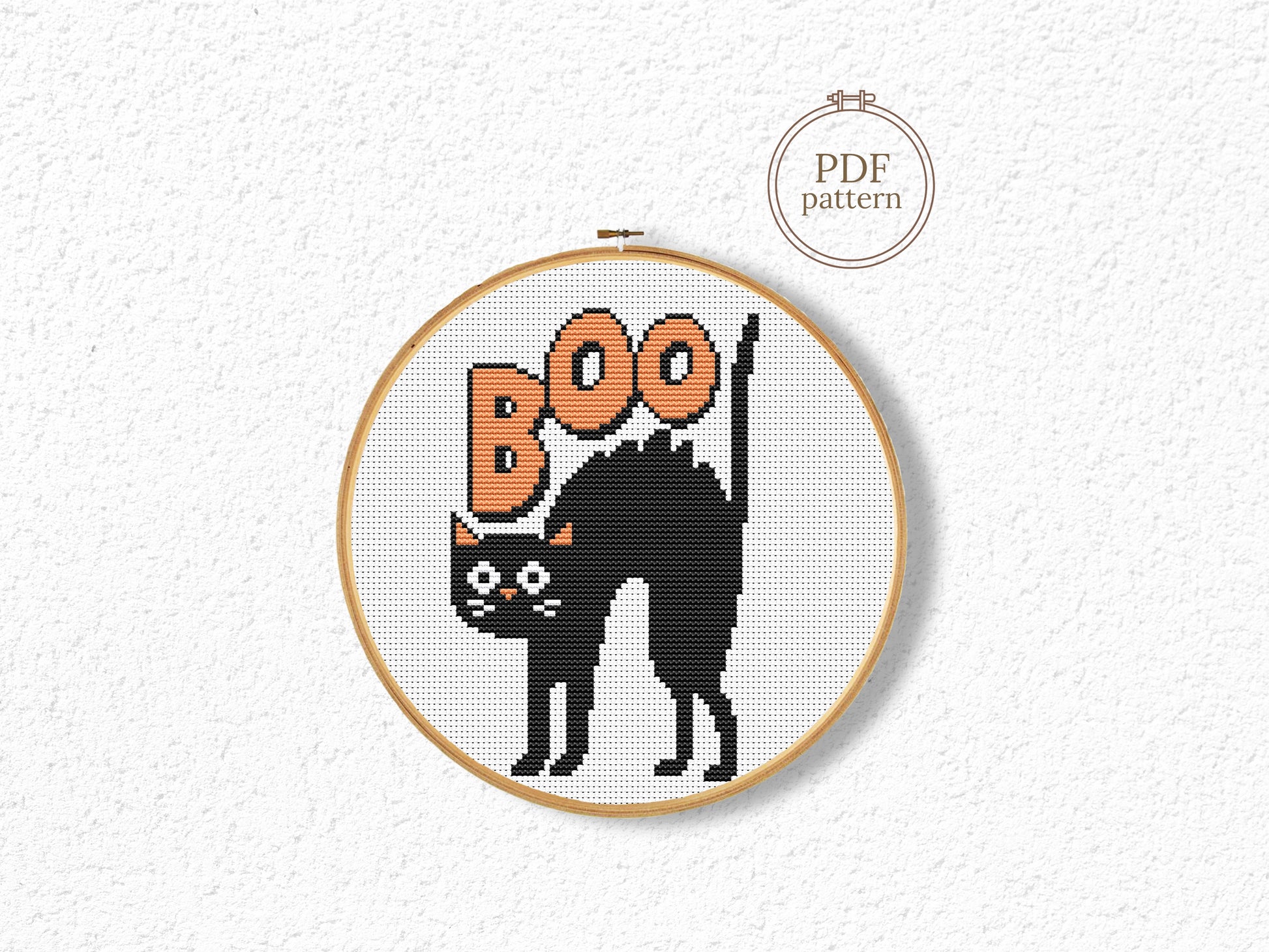 Boo Halloween cat cross stitch pattern, spooky cute embroidery design