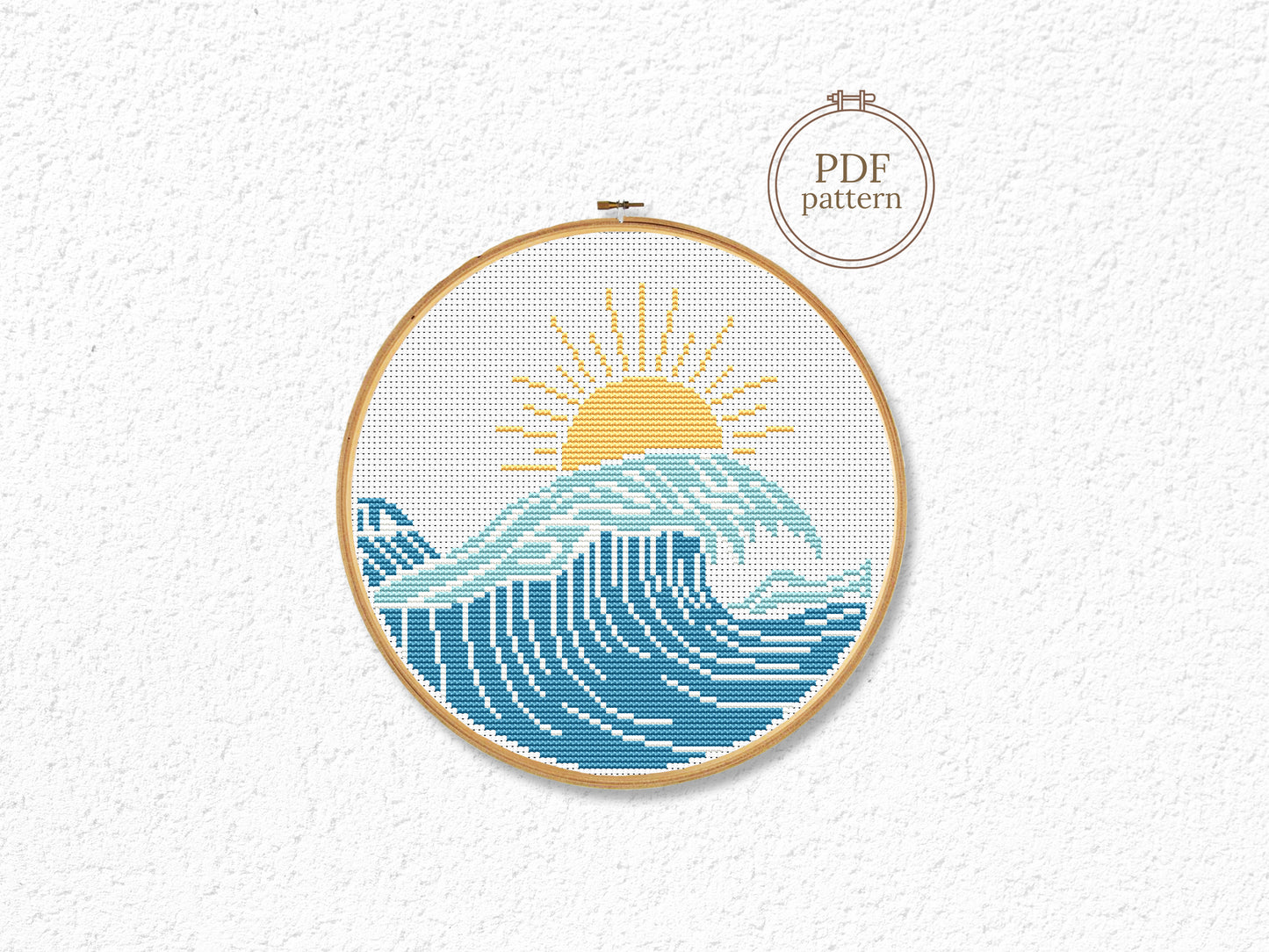 Sun and sea cross stitch pattern – surf vibes embroidery – modern beach PDF design