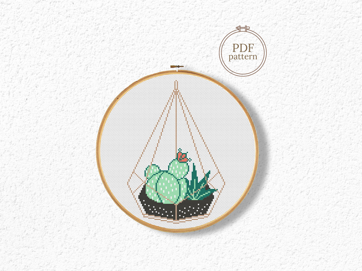 Succulents in terrarium pot cross stitch pattern, modern plant embroidery design