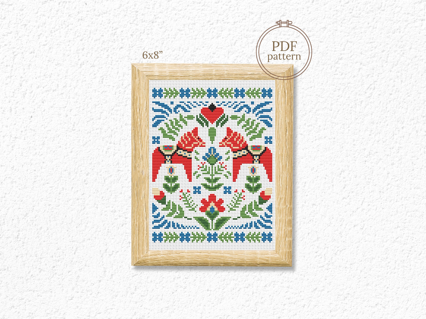 Swedish red horse cross stitch pattern, Nordic Dala horse embroidery design