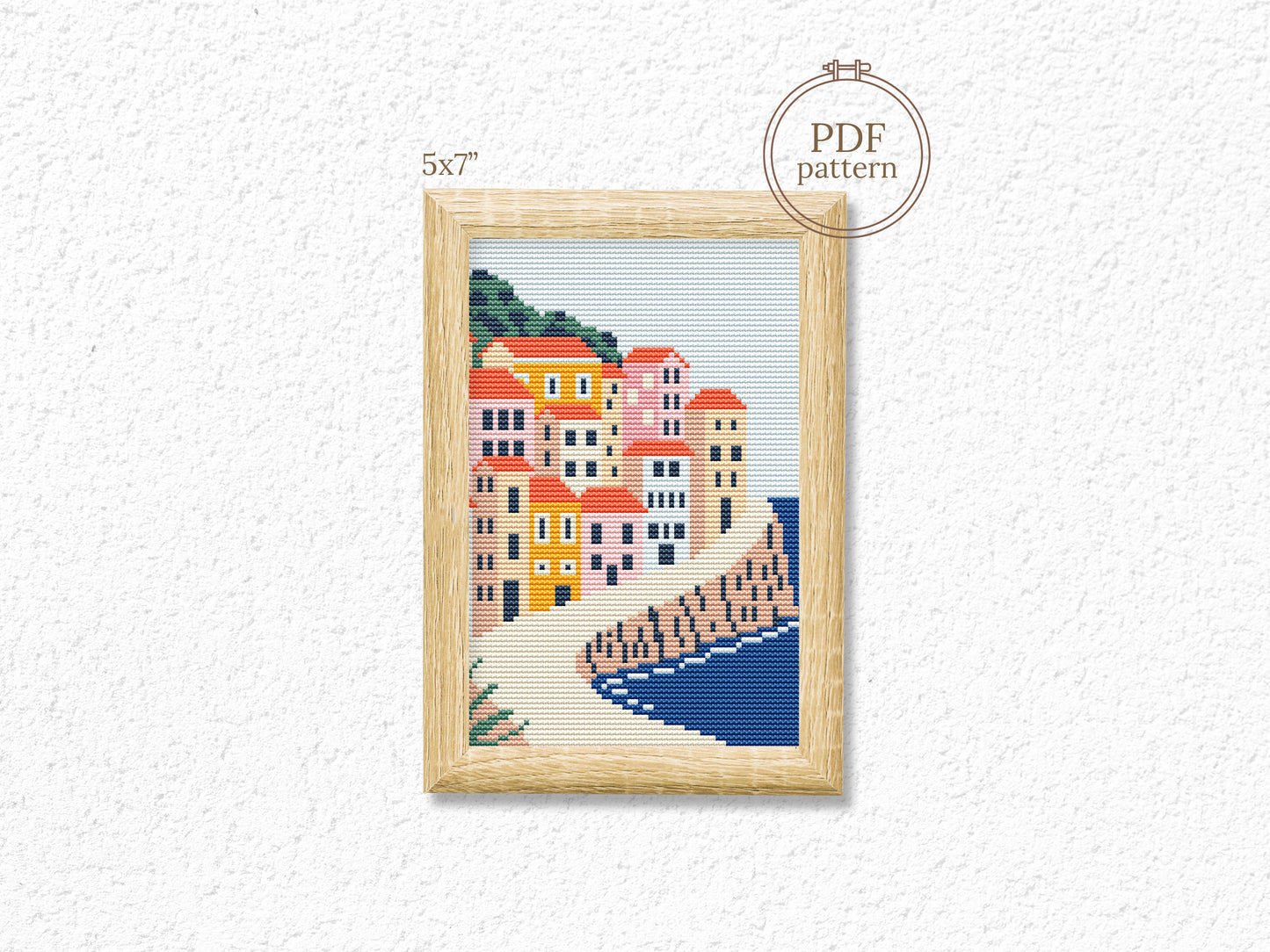 Manarola Italy cross stitch pattern – colorful coastal village PDF design, Cinque Terre travel embroidery chart