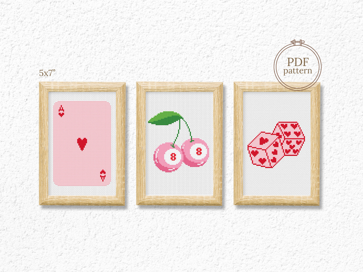 pink trendy cross stitch pattern, lucky cherry dice playing card embroidery, modern retro digital chart, fun design PDF download