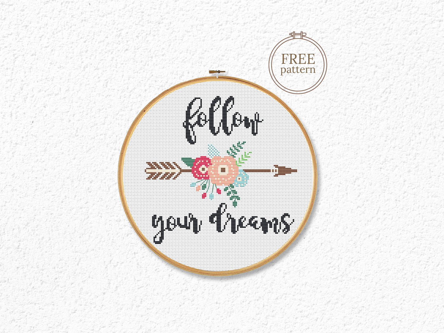 Boho floral cross stitch pattern with “Follow Your Dream” quote – modern inspirational PDF design