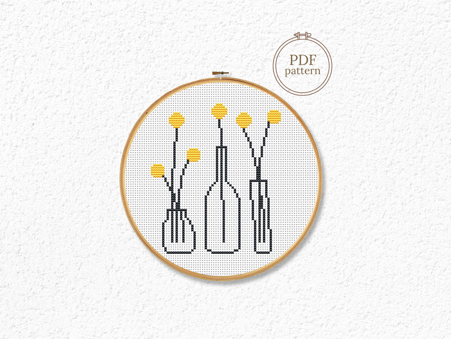 yellow flowers in outline pots cross stitch pattern, minimalist beginner embroidery on white background