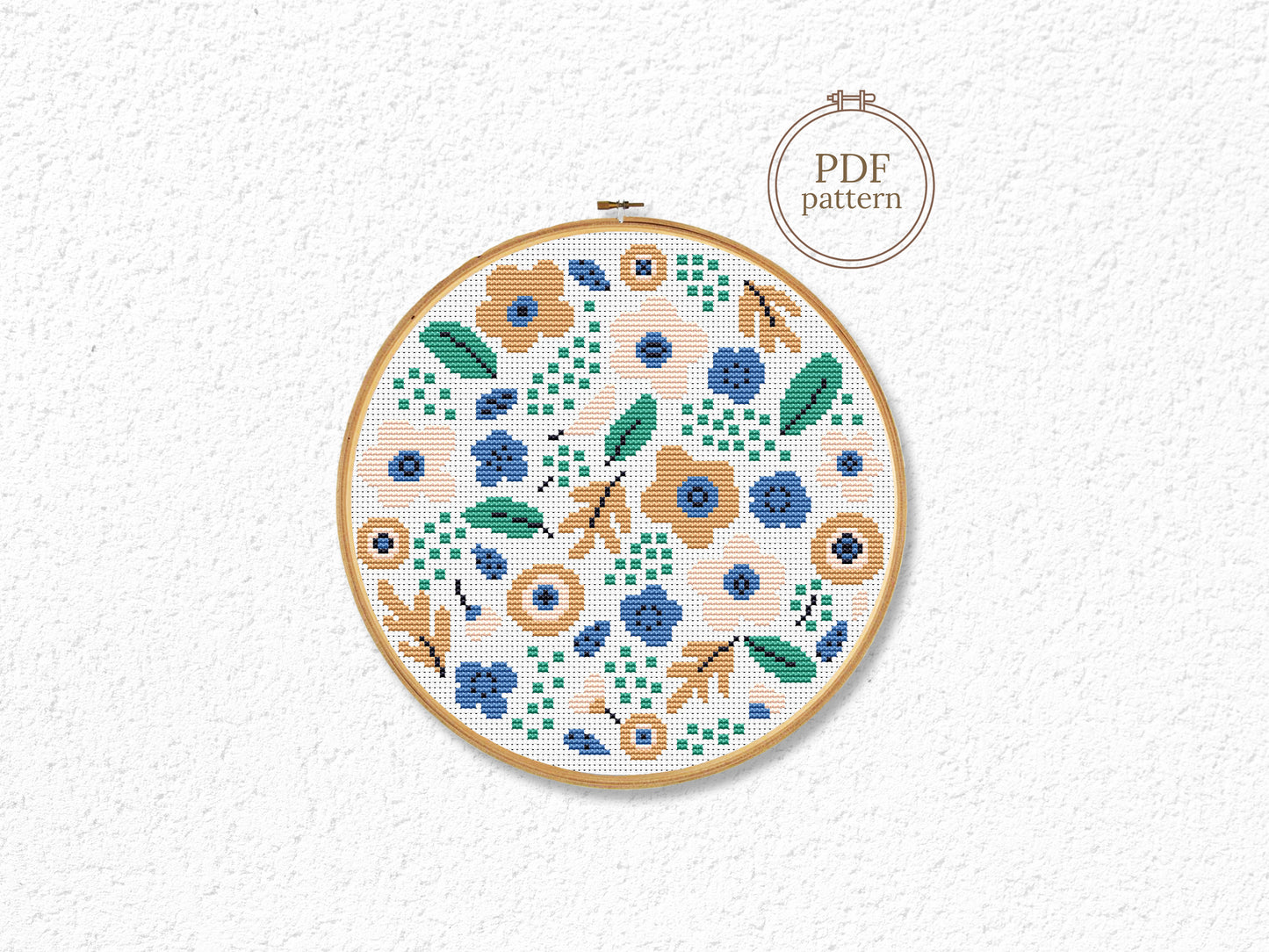Modern floral bouquet cross stitch pattern – beige spring flowers PDF embroidery design