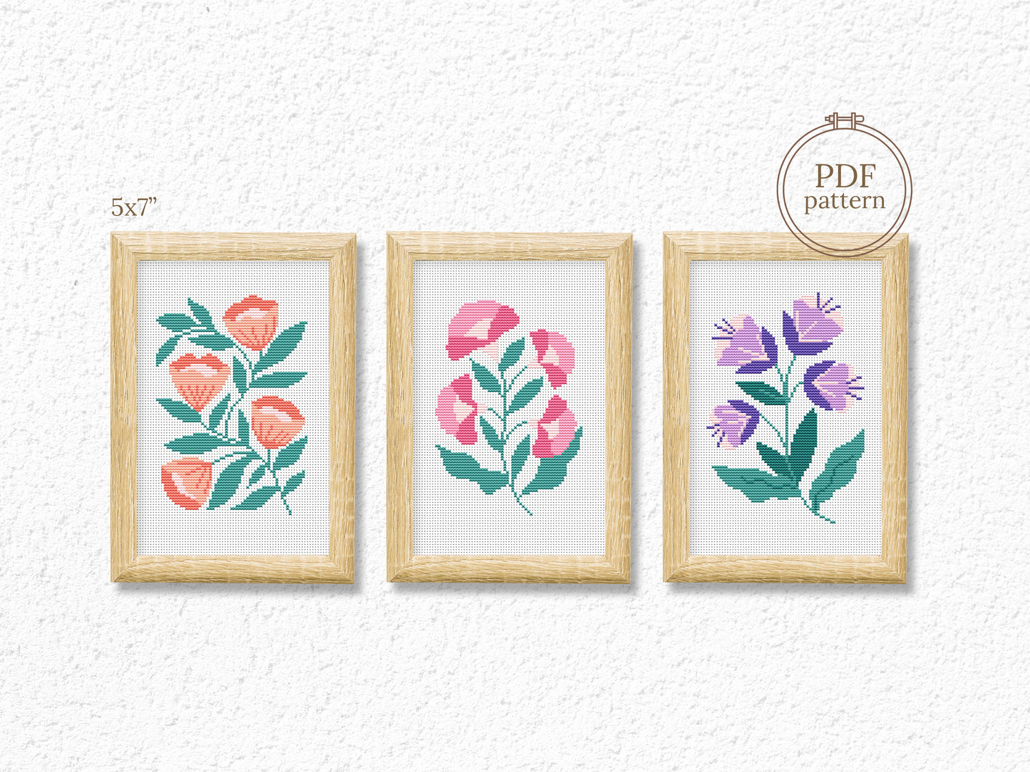 Modern floral cross stitch patterns set – colorful flowers in hoop art PDF.