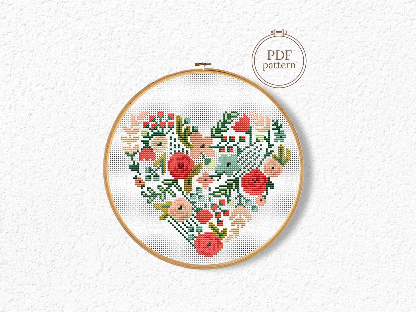 Modern floral heart cross stitch pattern – botanical embroidery PDF with bold flowers and leaves