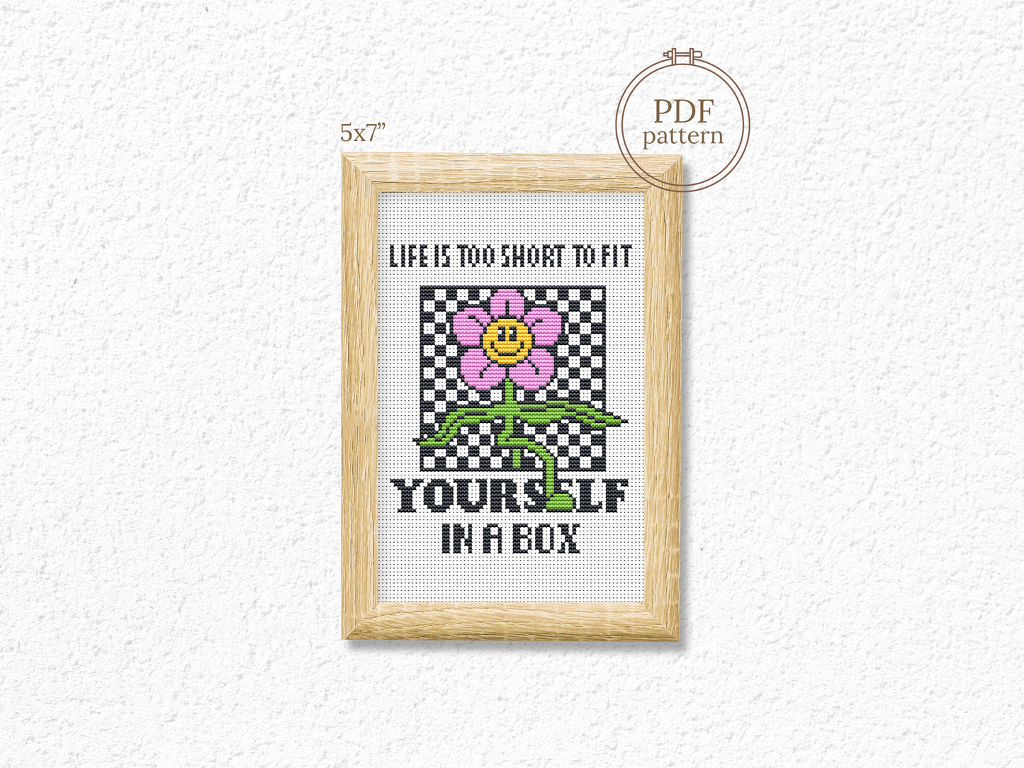 Life Is Too Short cross stitch pattern – funny cartoon quote embroidery PDF, retro modern design for home decor or gift
