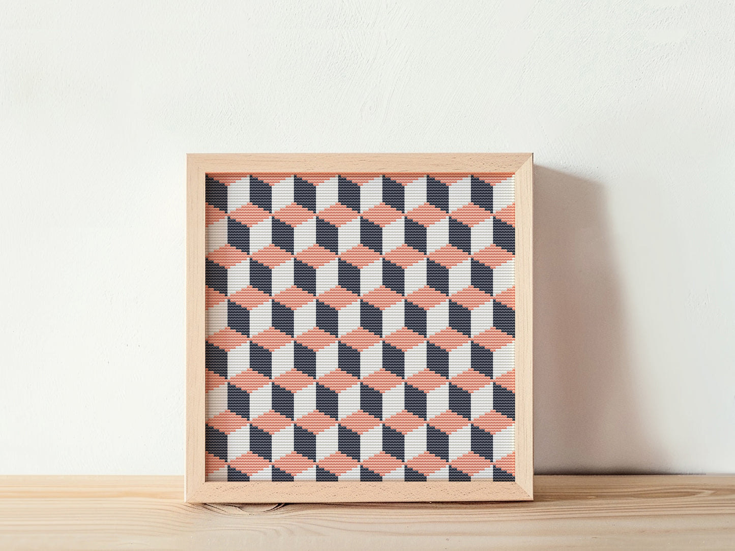 3D abstract cross stitch pattern with optical illusion and geometric depth