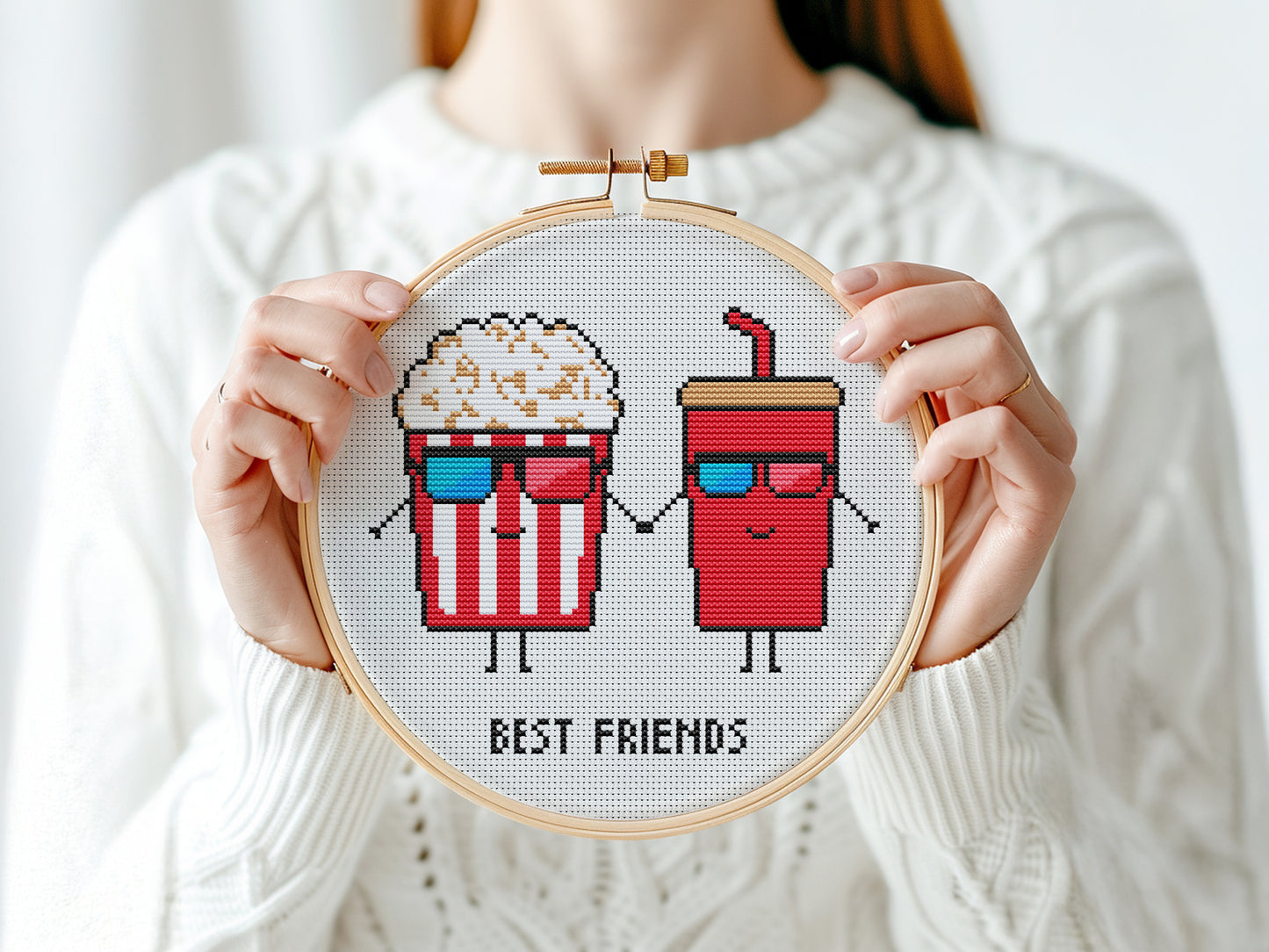 Movie night best friend cross stitch pattern with popcorn and cola
