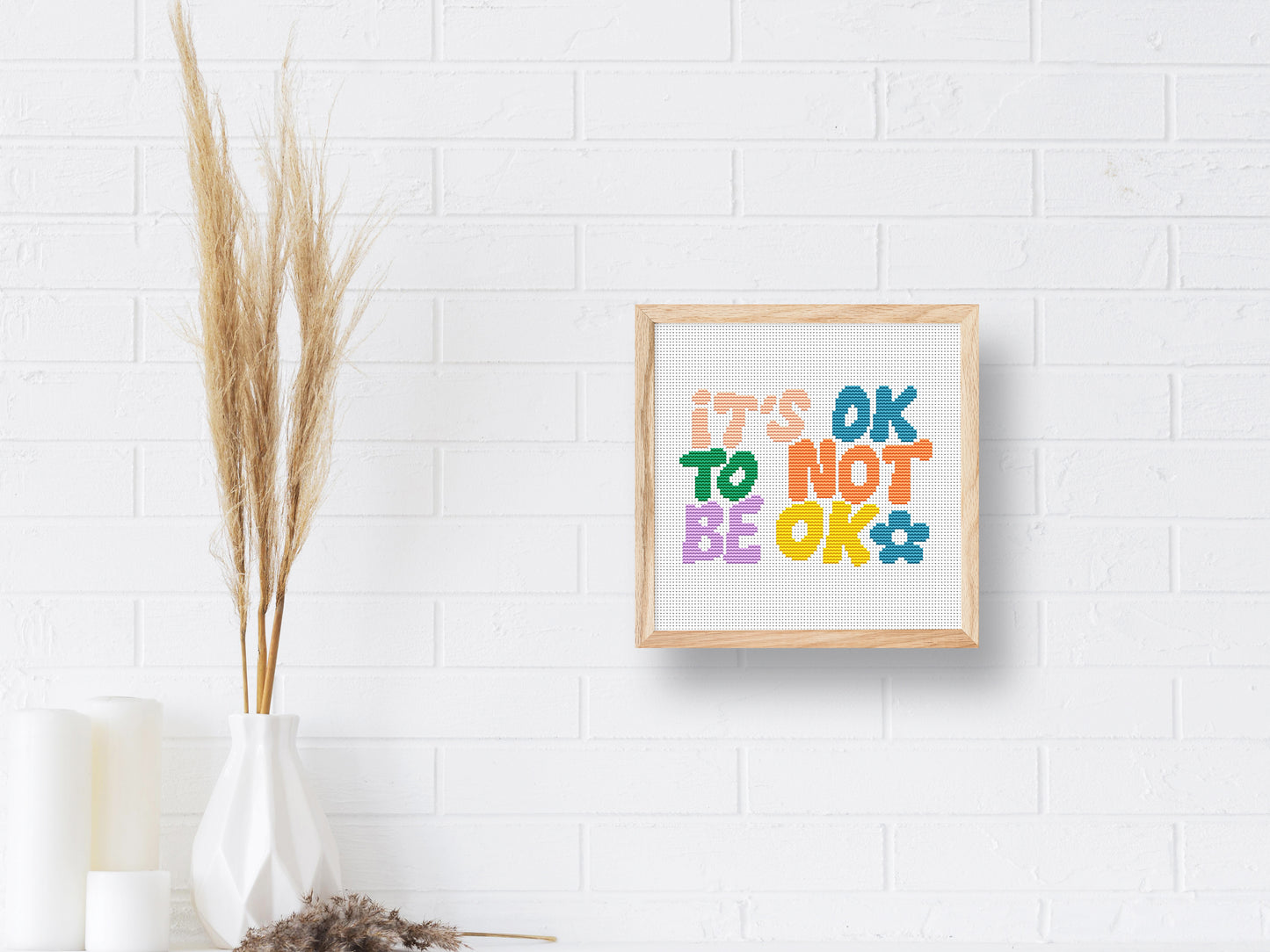 It’s OK to Not Be OK cross stitch pattern – mental health quote with floral design, self-care embroidery PDF