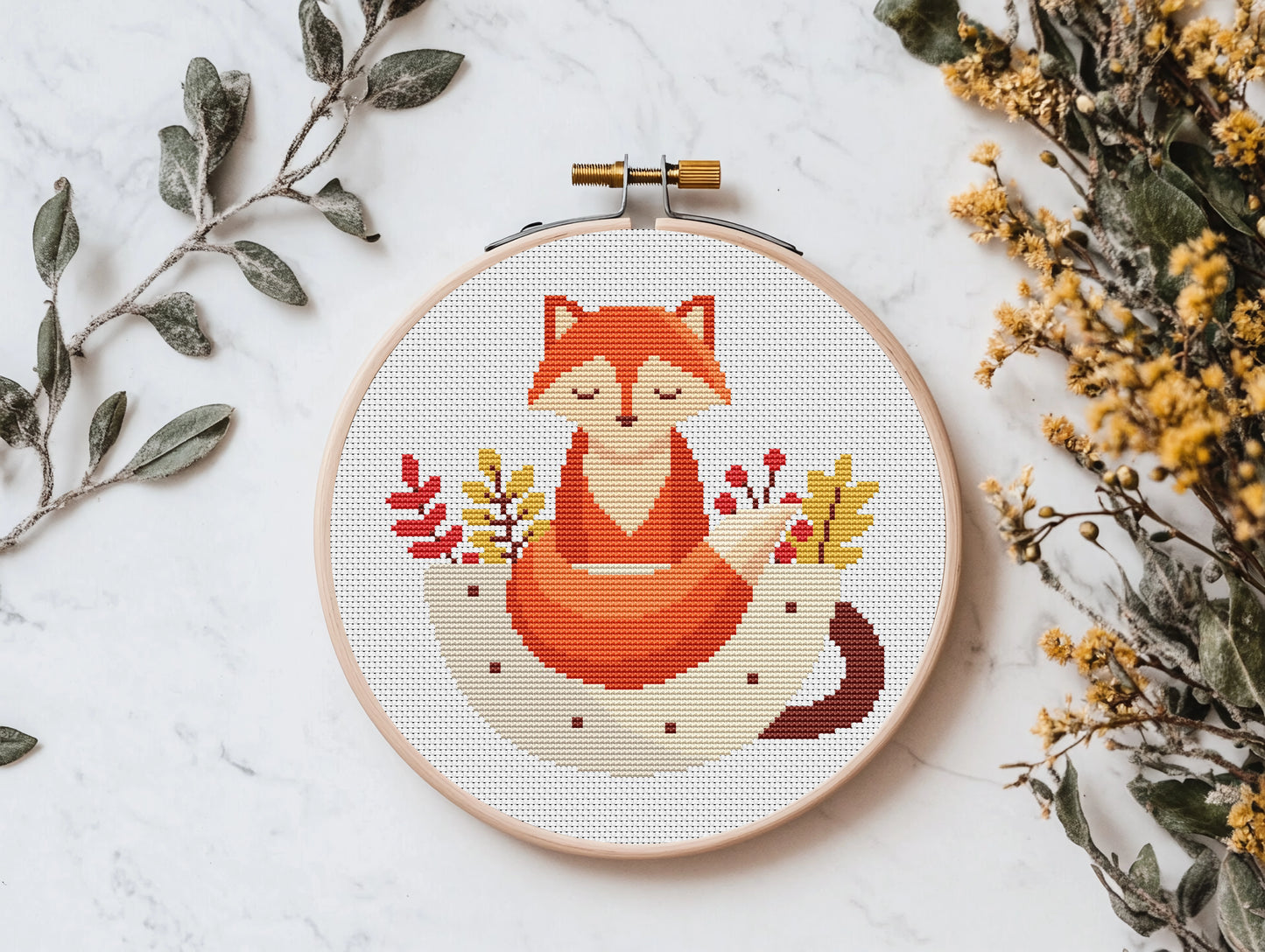 Cute fox in cup cross stitch pattern with autumn leaves, cozy fall PDF embroidery design