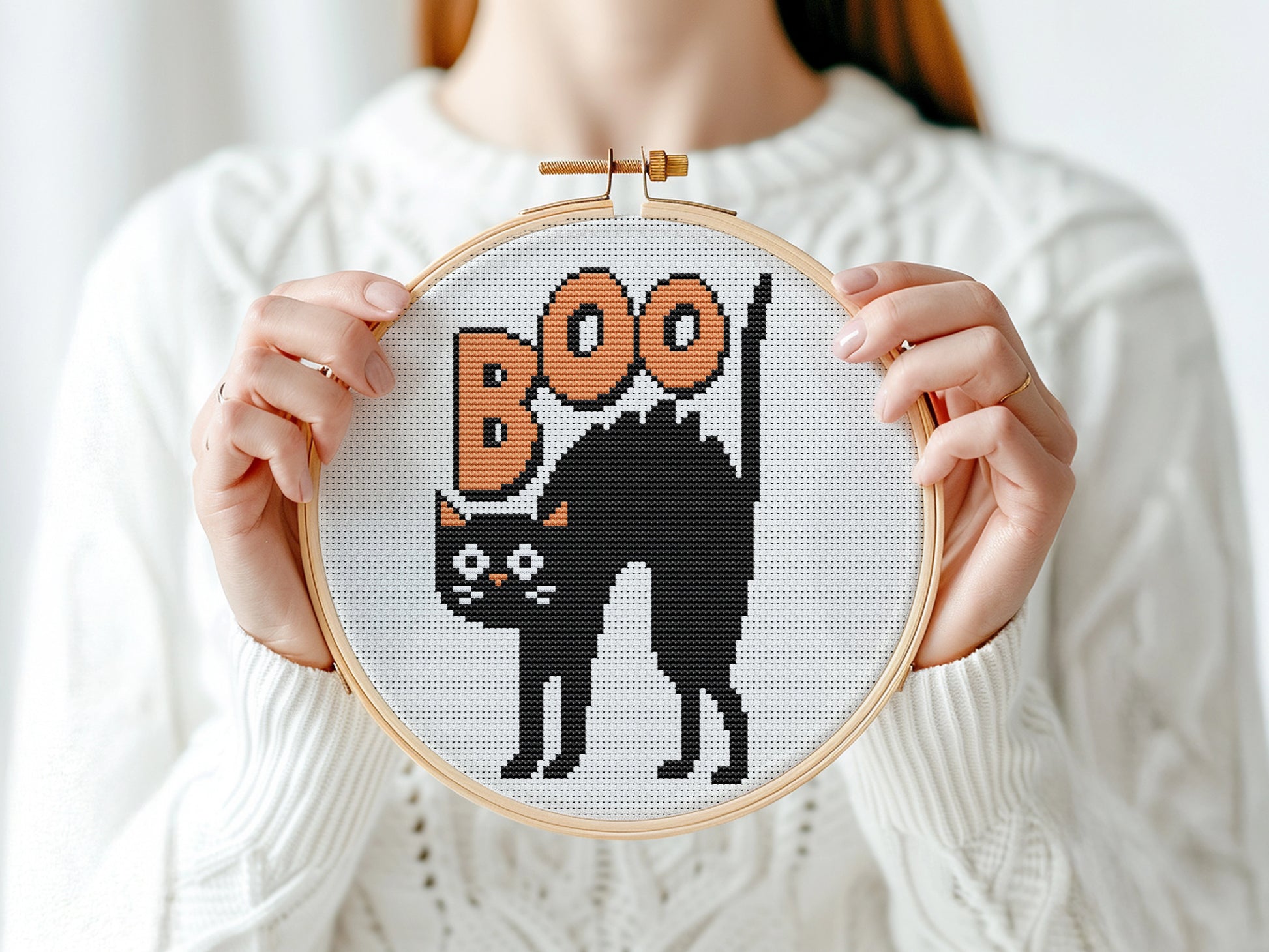 Boo Halloween cat cross stitch pattern, spooky cute embroidery design