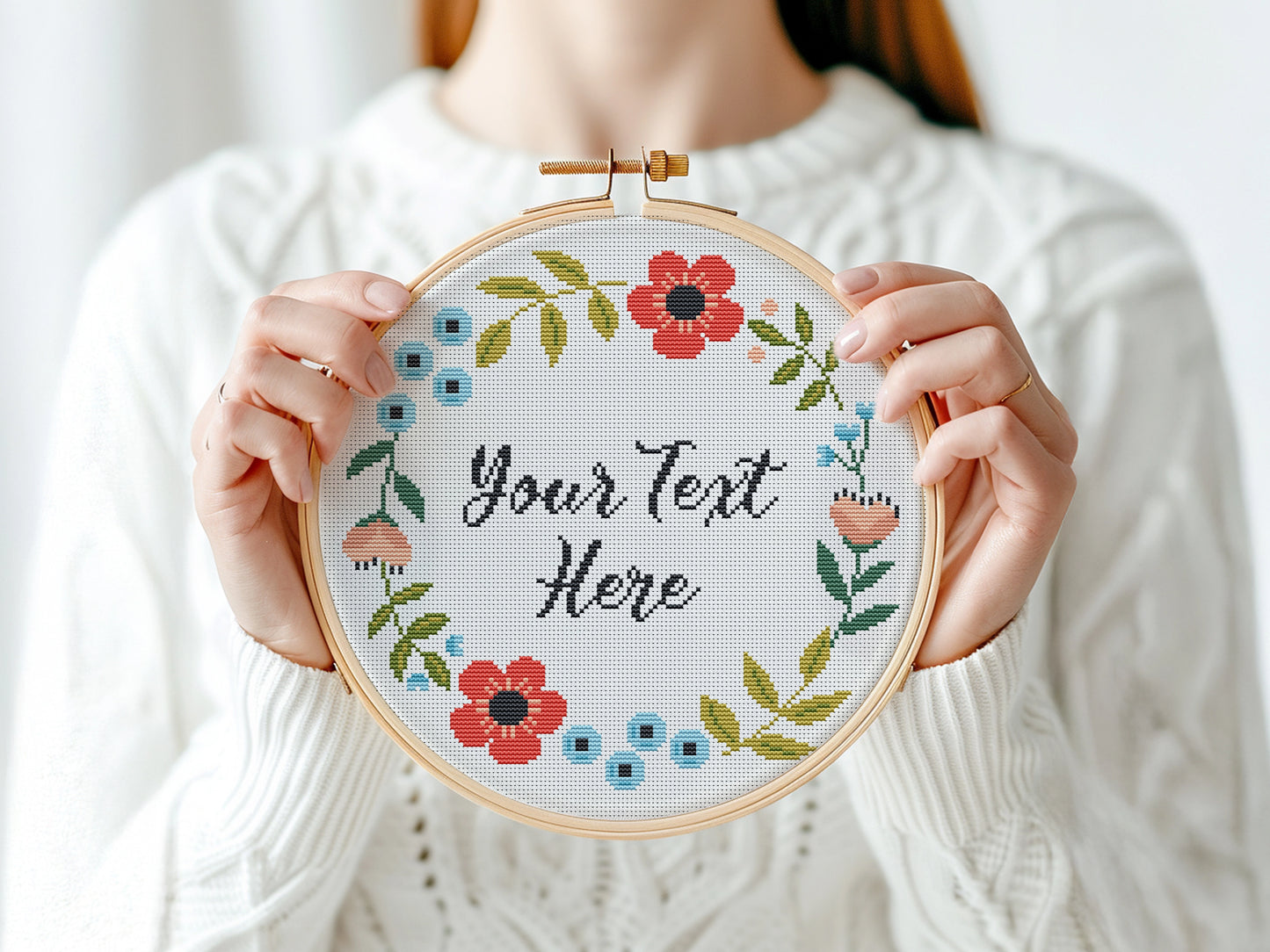Custom cross stitch pattern with red floral wreath and personalized text placeholder - customizable PDF design