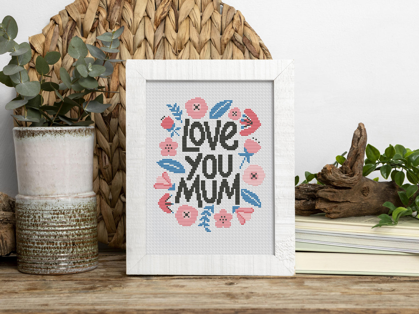 Love You Mum cross stitch pattern – cute floral PDF design for Mother’s Day embroidery gift, beginner-friendly hoop art