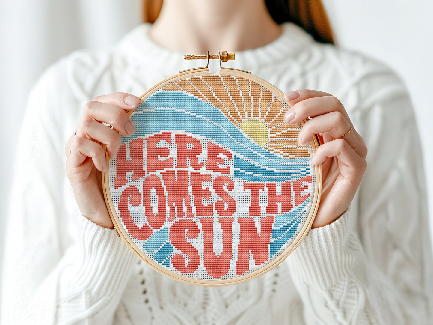 Here Comes the Sun cross stitch pattern – retro summer beach quote PDF
