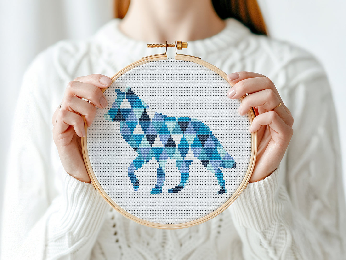 Geometric wolf cross stitch pattern in triangle shapes, modern wildlife PDF embroidery design
