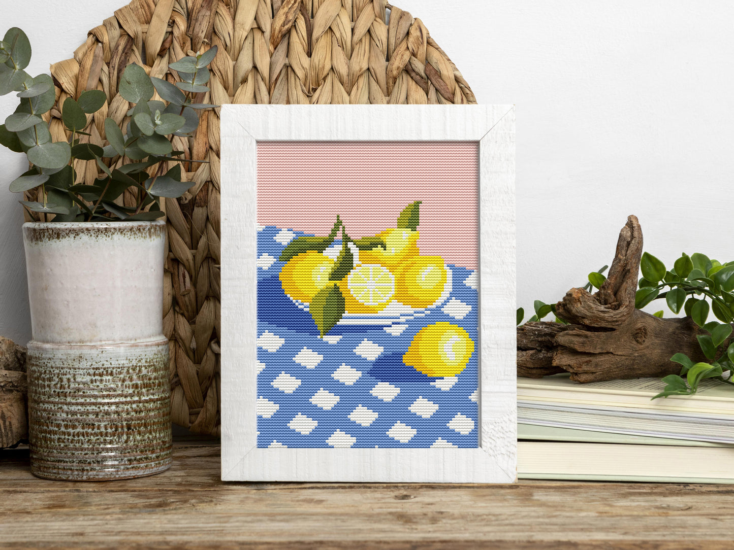 Summer cross stitch pattern with lemons on a plate – modern citrus embroidery PDF design