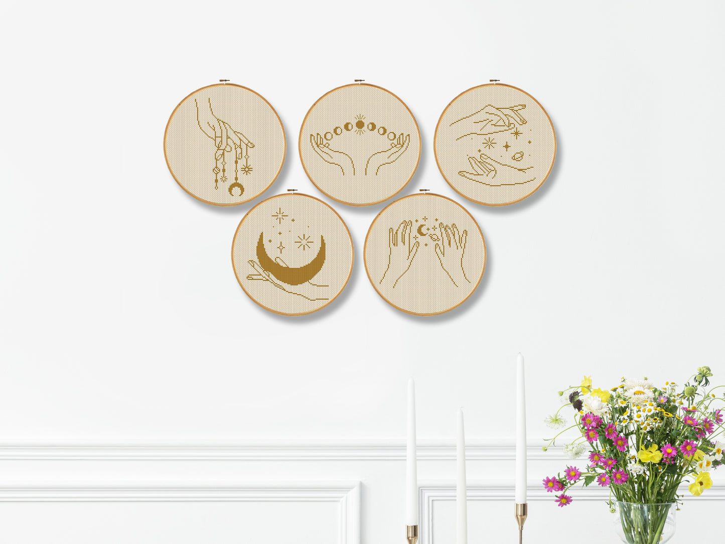 Celestial cross stitch PDF set with mystical moon, stars, hands, and sacred symbols – digital embroidery design