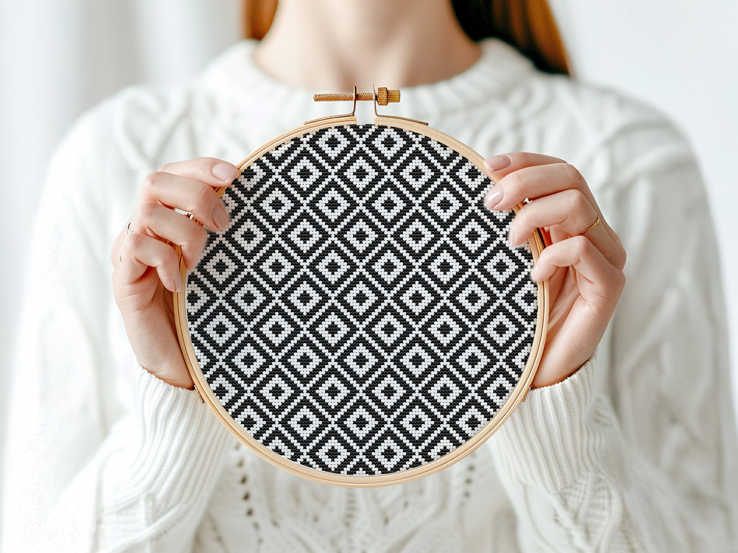 Scandinavian black and white geometric cross stitch pattern, minimalist Nordic-style PDF design