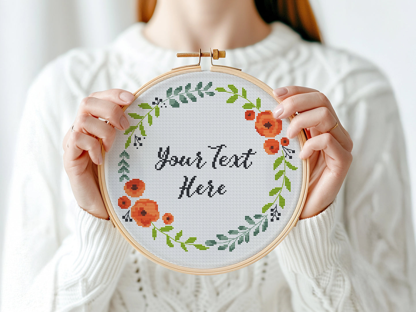 Custom cross stitch pattern with red floral wreath and personalized text placeholder - customizable PDF design