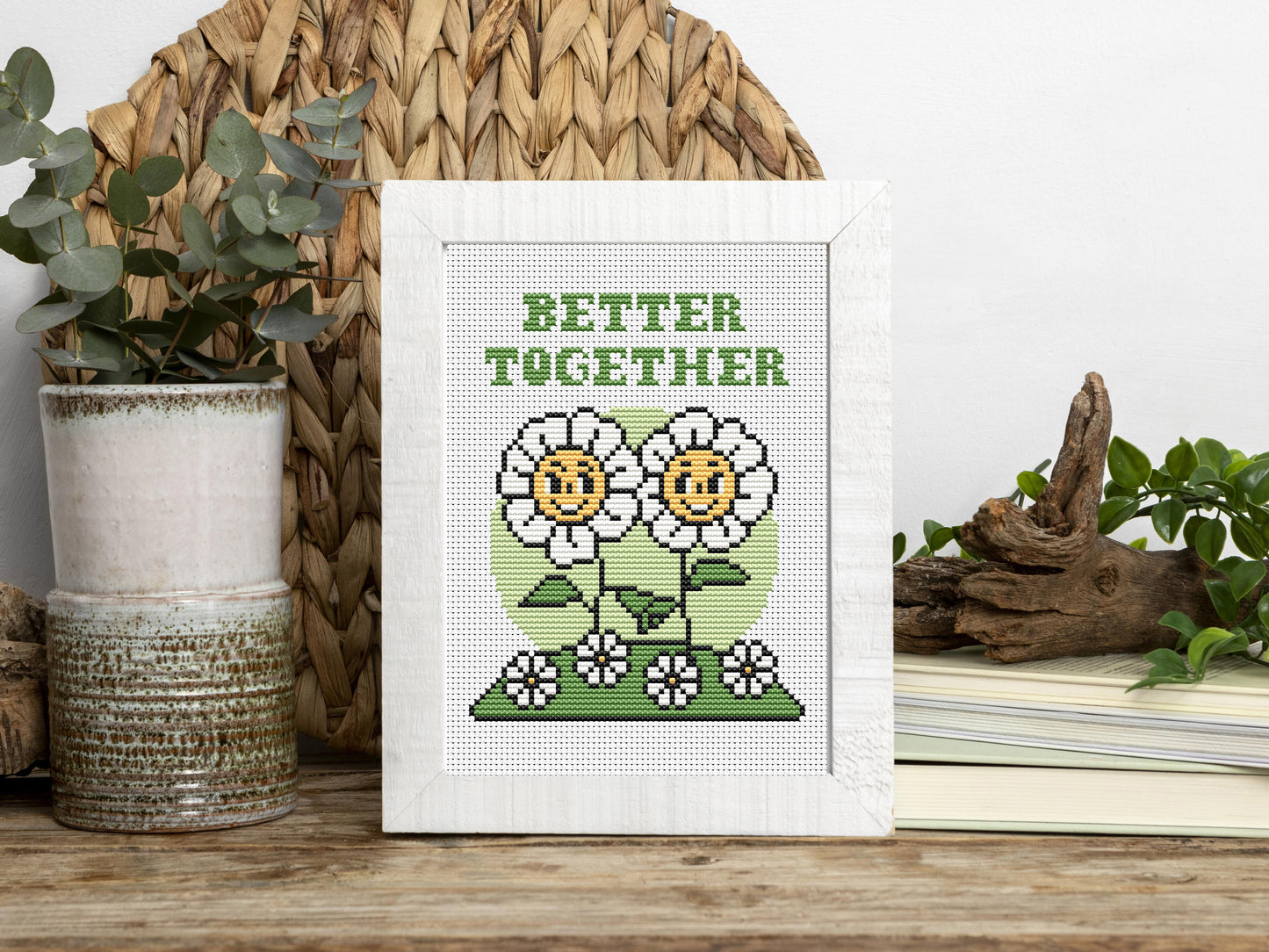Better together cross stitch pattern – cute daisies quote PDF for friends or couple, modern embroidery chart