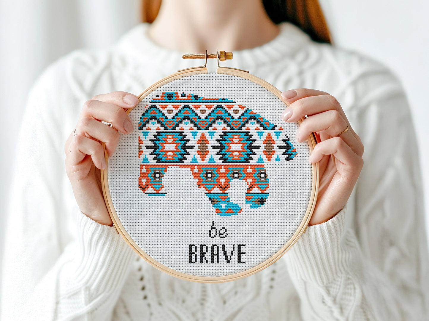 Be Brave Bear free cross stitch pattern, cute bear quote embroidery design