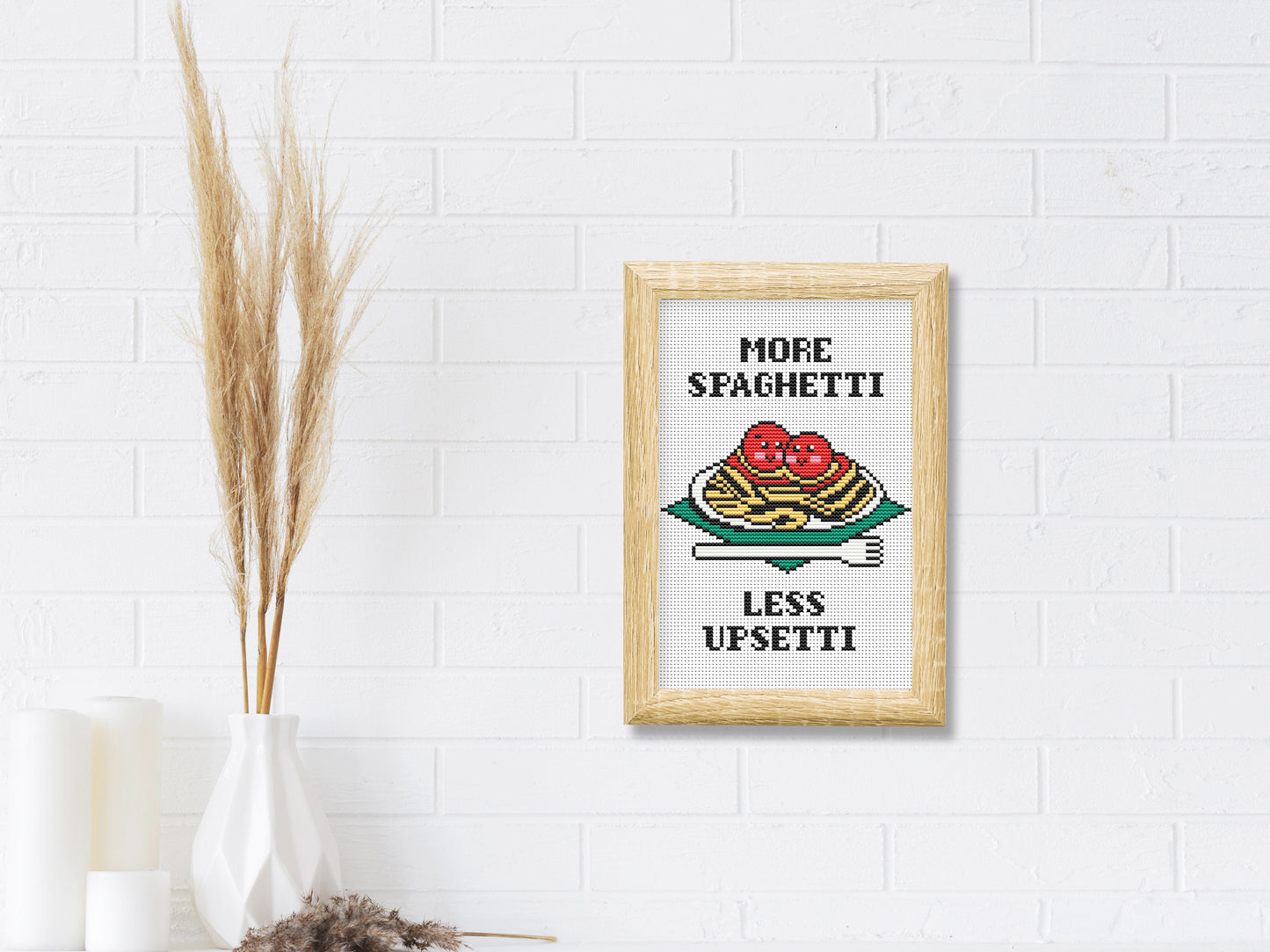 More Spaghetti Less Upsetti cross stitch pattern – funny kitchen quote embroidery PDF for modern food decor