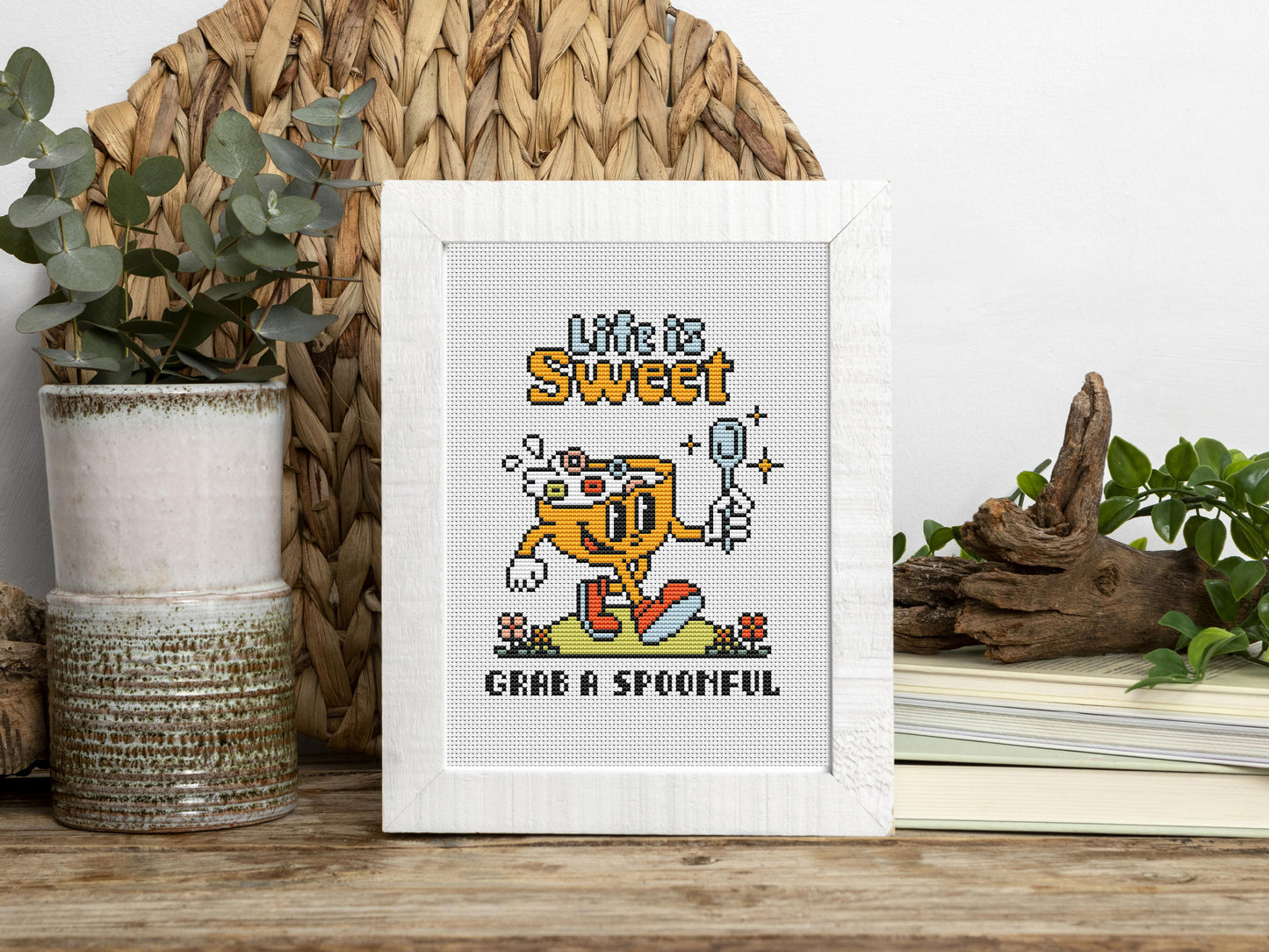 Life Is Sweet cross stitch pattern – funny retro quote embroidery PDF with trendy colors, positive modern wall decor
