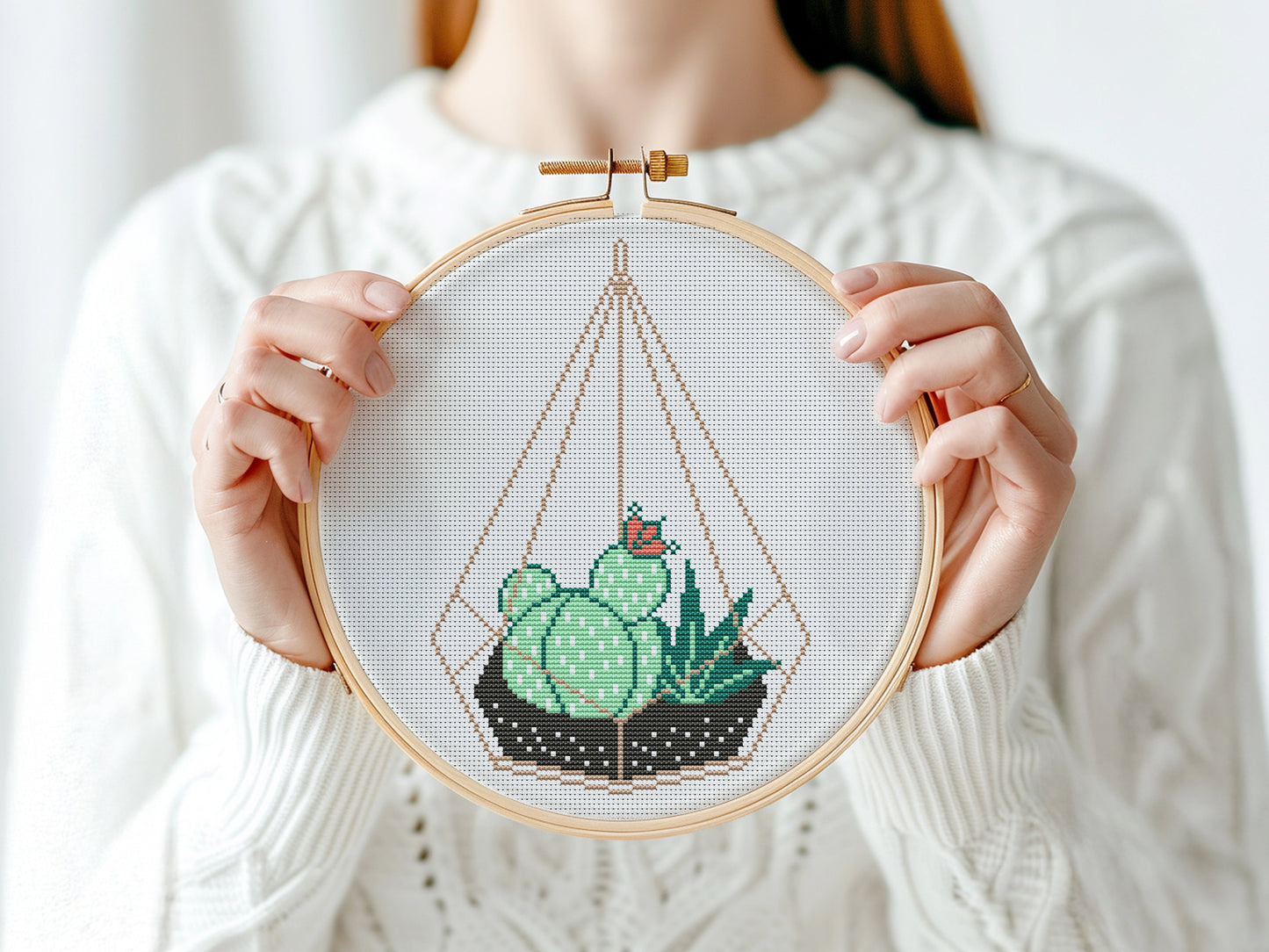 Succulents in terrarium pot cross stitch pattern, modern plant embroidery design