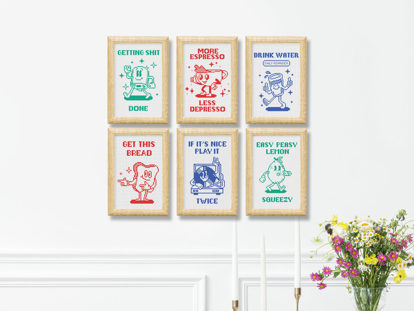 Set of 6 funny motivational cross stitch patterns – modern quote PDF charts for minimalist home decor and wall art