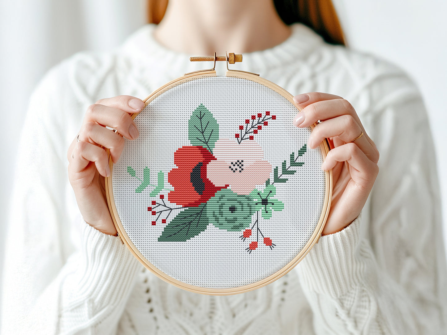 Red floral cross stitch pattern – modern bouquet in hoop PDF chart with minimalist flower design