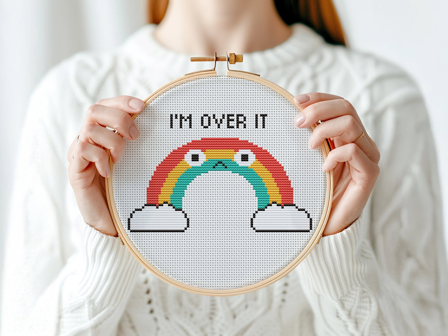 "I'm Over It" quote rainbow cross stitch pattern, fun typography embroidery design