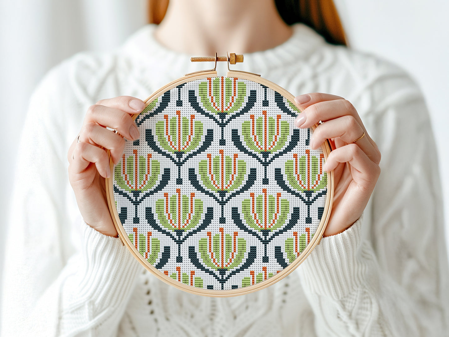 Green and red geometric flowers cross stitch pattern, modern PDF embroidery design