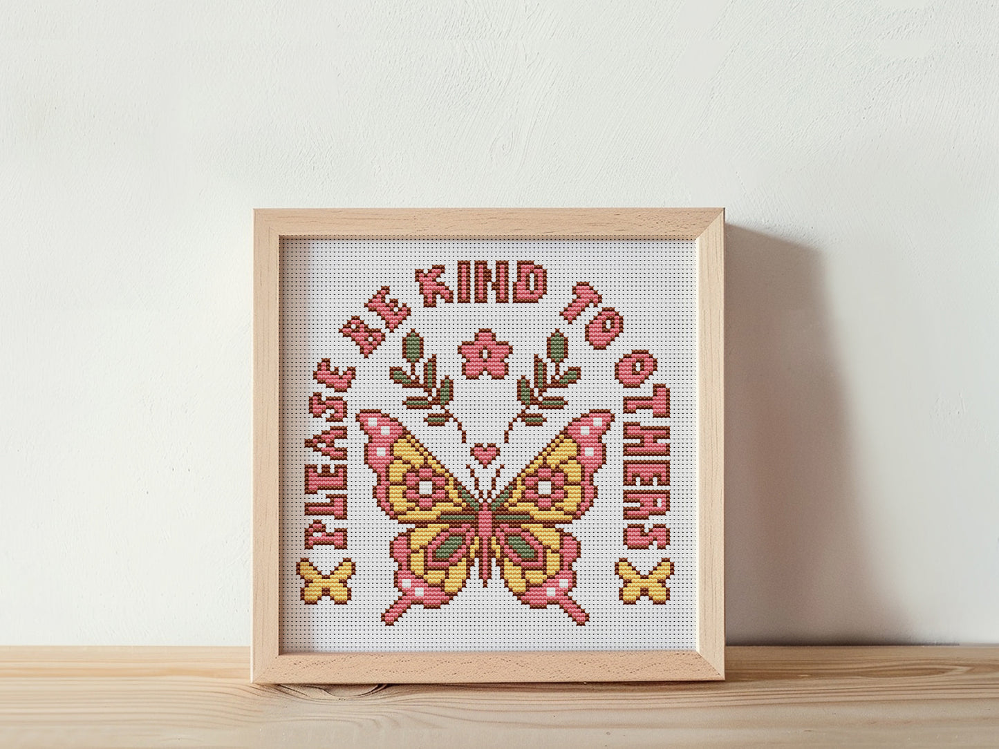 Retro butterfly cross stitch pattern with "Please Be Kind to Others" quote – vintage style PDF embroidery chart