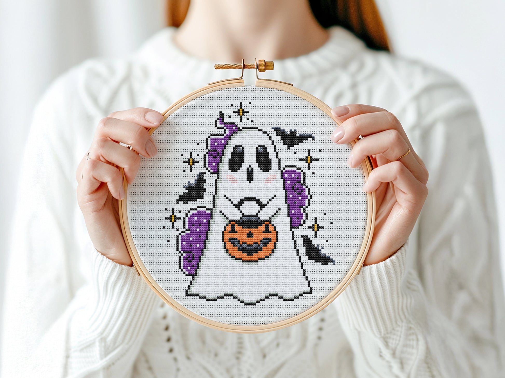 Spooky ghost cross stitch pattern for Halloween embroidery