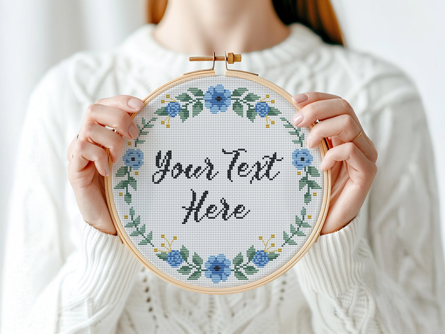 Custom cross stitch pattern with blue floral wreath and personalized text placeholder - customizable PDF design