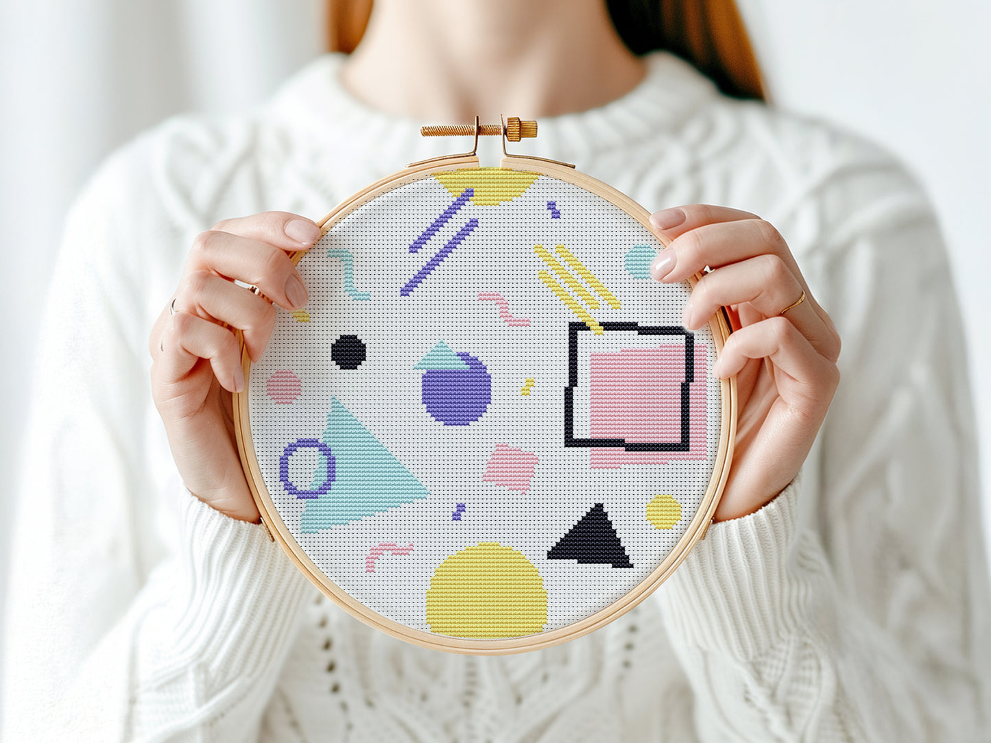 Memphis style abstract geometric shapes cross stitch pattern