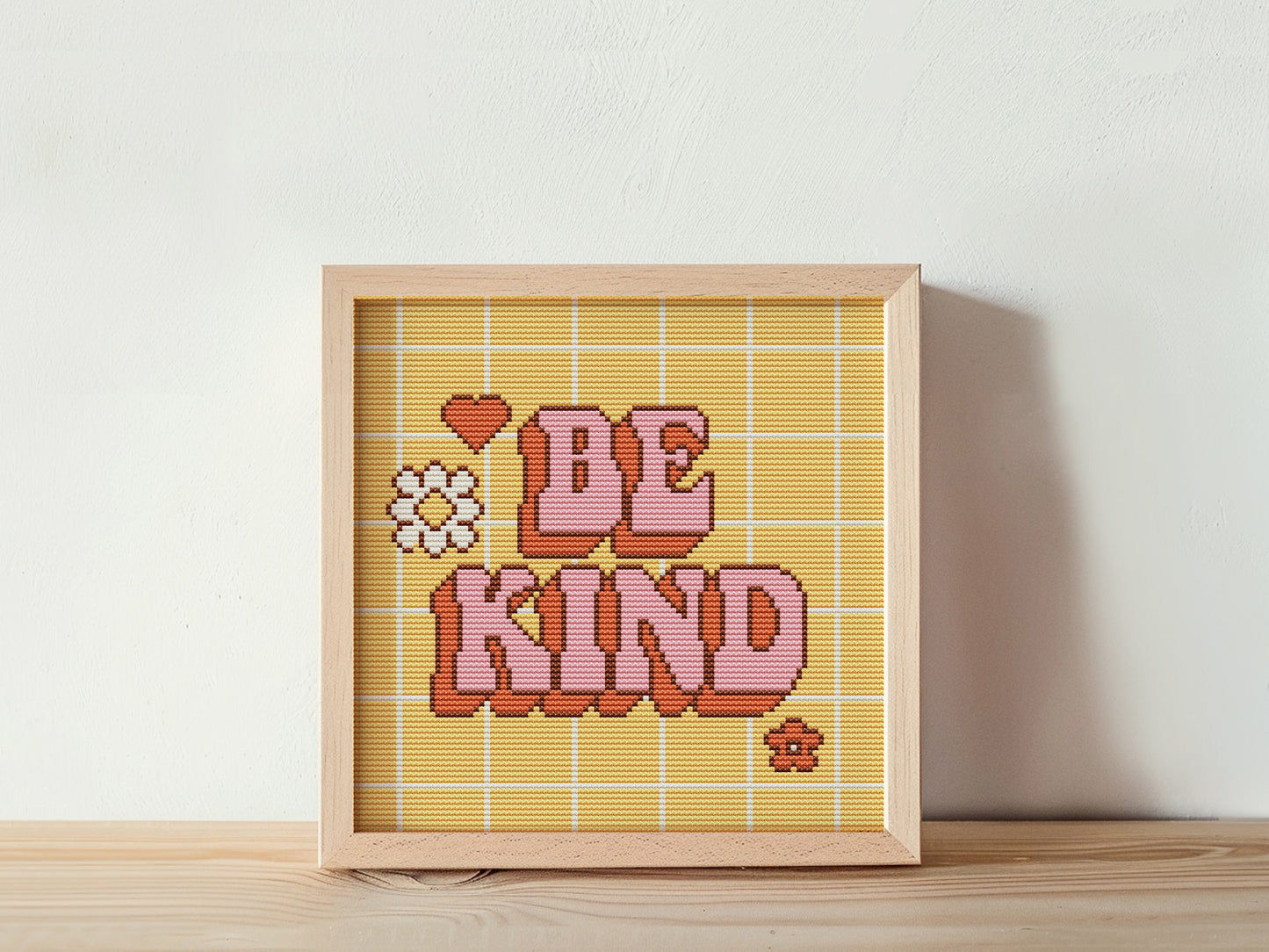 Colorful trendy retro cross stitch pattern with "Be Kind" quote – vibrant embroidery PDF chart