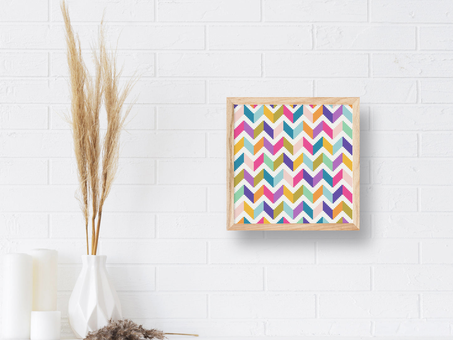 Geometric chevron cross stitch pattern – colorful modern PDF embroidery design for abstract wall decor