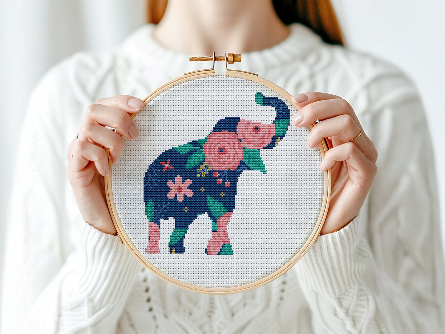 Elephant cross stitch pattern for nursery with floral print and baby theme