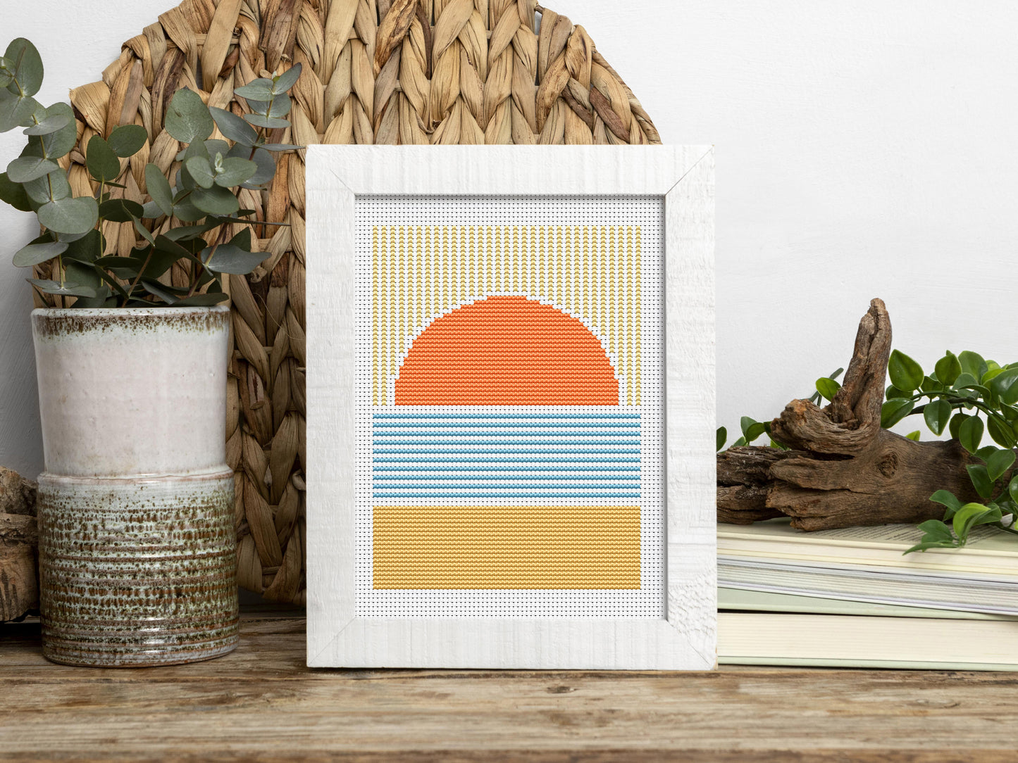 Geometric sunset cross stitch pattern – abstract sea view – modern ocean embroidery PDF