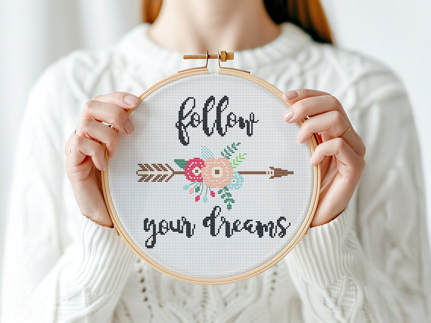 Boho floral cross stitch pattern with “Follow Your Dream” quote – modern inspirational PDF design