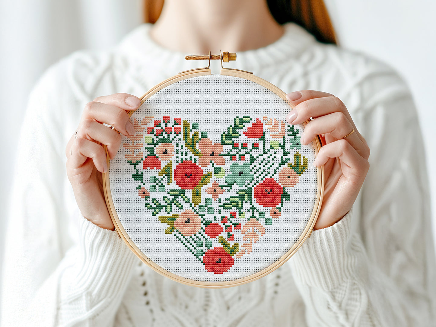 Modern floral heart cross stitch pattern – botanical embroidery PDF with bold flowers and leaves