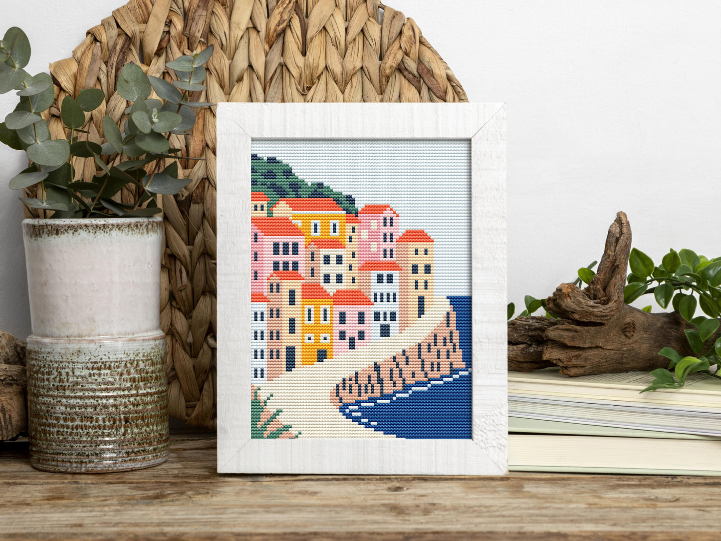Manarola Italy cross stitch pattern – colorful coastal village PDF design, Cinque Terre travel embroidery chart