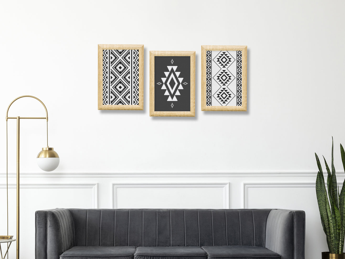 Set of three black and white tribal boho cross stitch patterns with geometric shapes
