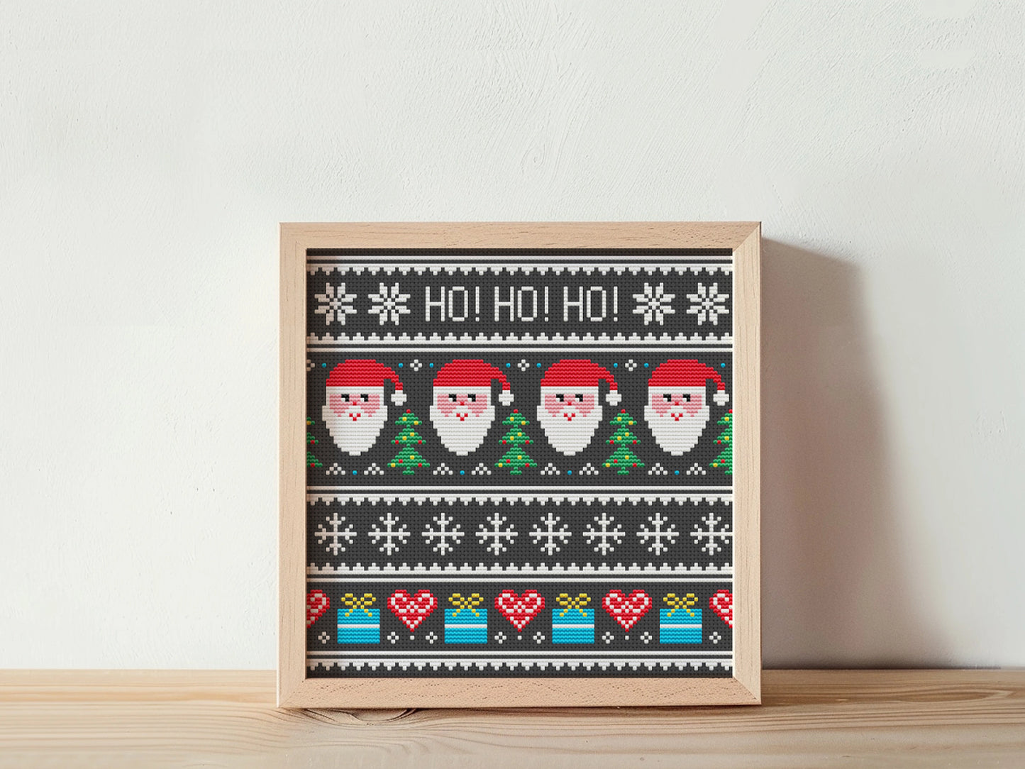 Christmas cross stitch pattern with ornaments and Santa, festive holiday embroidery design